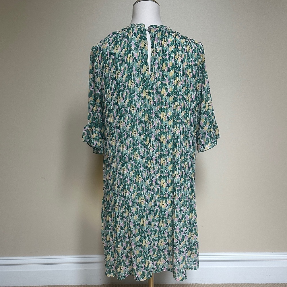 Melloday Green Floral Pleated Ruffle Trim Mini Dress Spring Summer Boho Size M - Picture 3 of 6